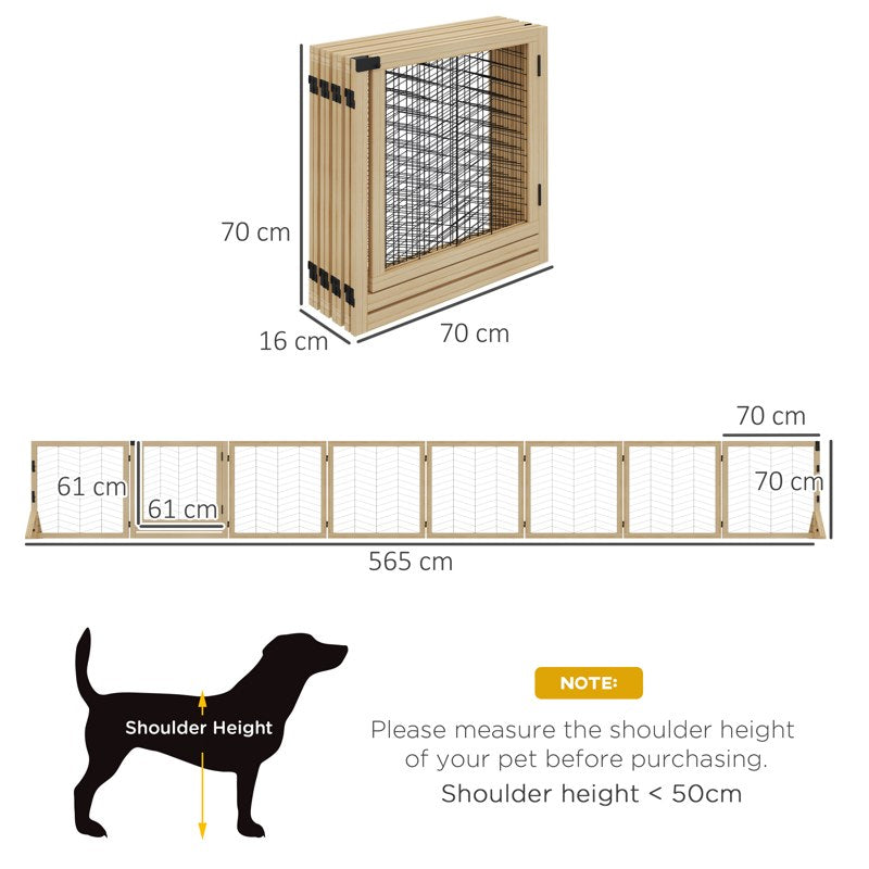 PawHut 8 Panels Foldable Pet Gate with Support Feet, for House, Doorway, Stairs, Small and Medium Dogs - Natural Wood