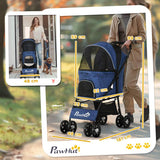 PawHut Foldable Pet Stroller for Dogs, Puppy Stroller, with Large Carriage, Brakes, Canopy - Blue