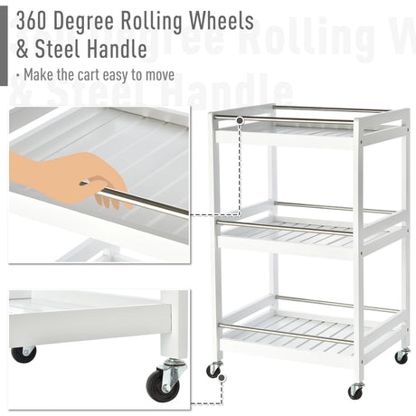 HOMCOM 3-Tier Home Trolley Kitchen Storage Cart w/ Steel Bars 4 Universal Wheels Rolling Unit Organiser Living Room White
