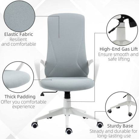 Vinsetto High Back Office Chair, Fabric Desk Chair with Armrests, Adjustable Height, Swivel Wheels, Light Grey