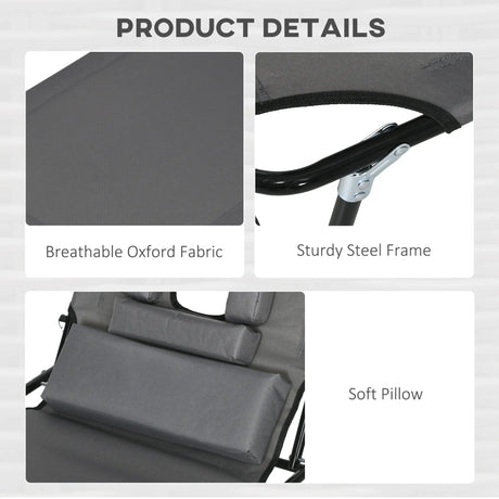 Outsunny Folding Sun Loungers Set of 2 with Face Hole, 4-Position Adjustable Backrest Garden Recliner Chairs Sunbeds, Outdoor Lounge Chairs with 600 D Oxford Cloth Seat, Pillow for Beach, Dark Grey