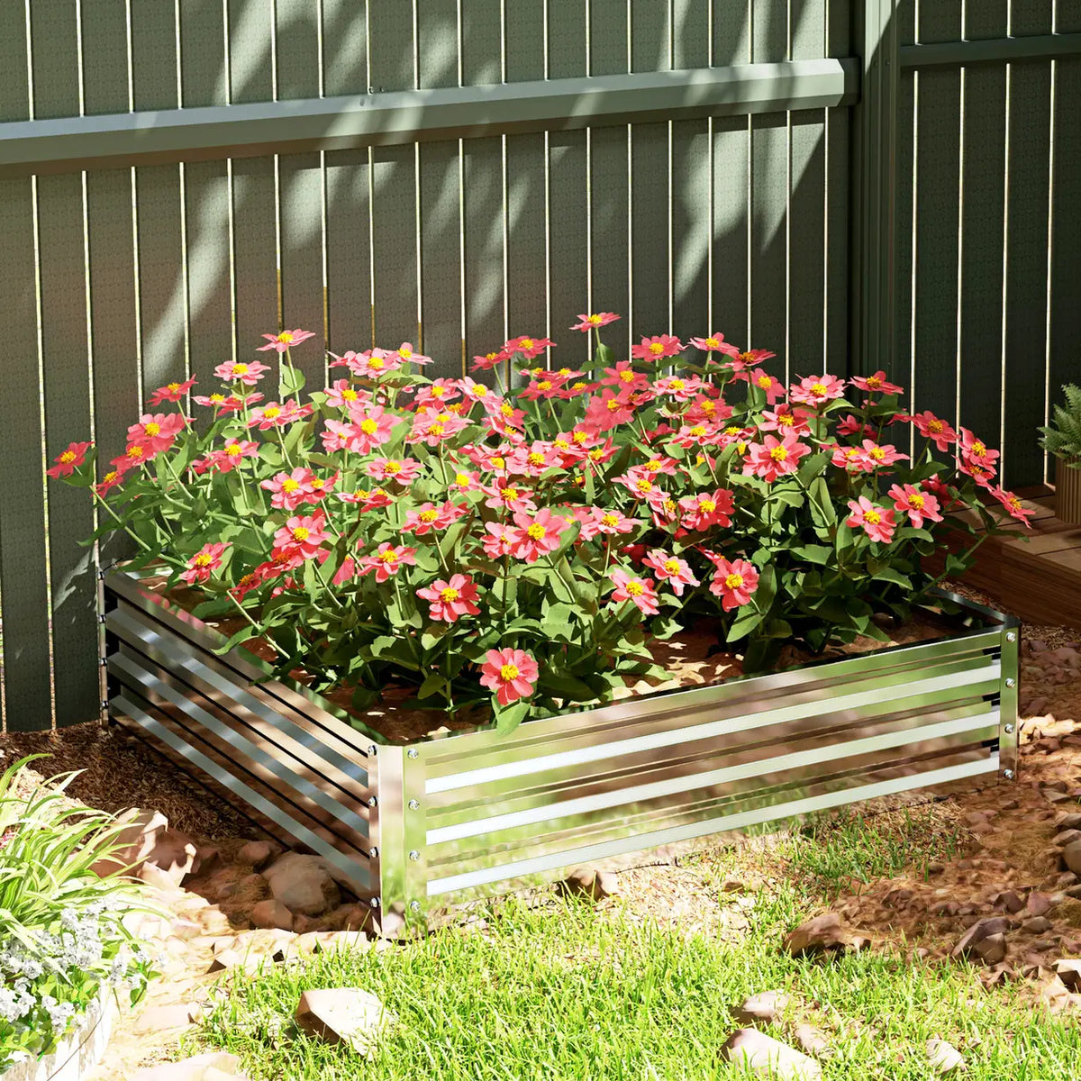 Outsunny Square Raised Garden Bed Box with Weatherized Steel Frame for Vegetables, Flowers, & Herbs, 120 x 120 x 30cm, Silver Tone
