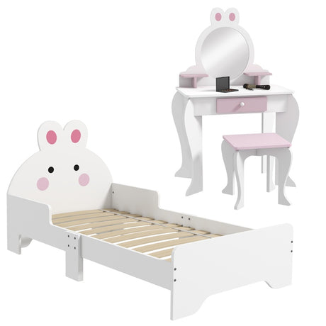 ZONEKIZ Wooden Kids Bedroom Furniture Set with Kids Dressing Table, Stool, Bed, for 3-6 Years, Bunny-Design