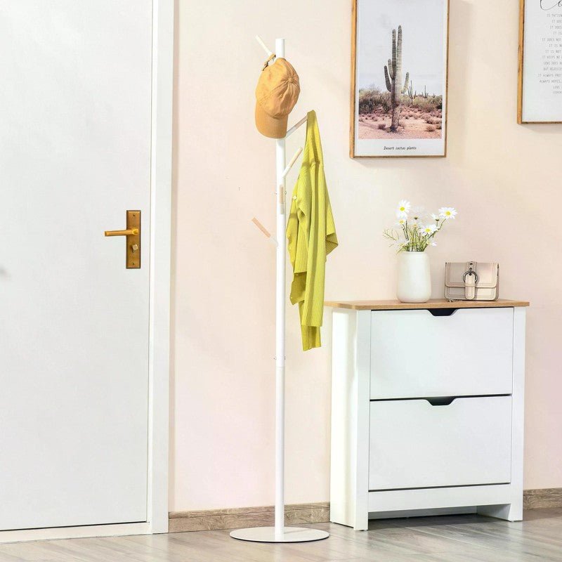 HOMCOM 174cm Free Standing Coat Rack Stand with 6 Hooks Clothes Tree Hat Display Hall Tree Hanger Hanging Organizer for Hallway Bedroom Living Room White