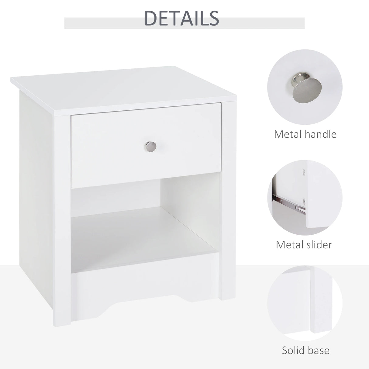 HOMCOM Bedside Table, Nightstand with Drawer and Open Shelf, End Table for Living room, Bedroom, Set of 2, White