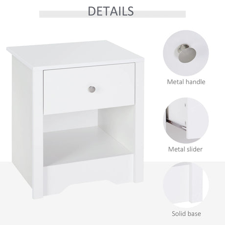 HOMCOM Bedside Table, Nightstand with Drawer and Open Shelf, End Table for Living room, Bedroom, Set of 2, White