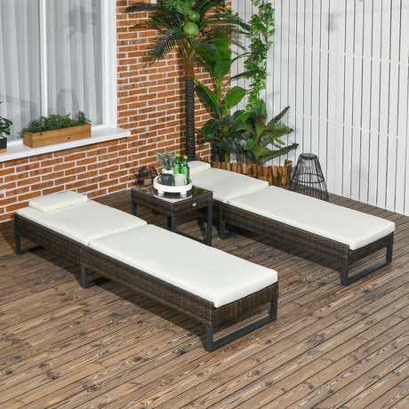 Outsunny Three-Piece Reclining Lounger Set, with Glass-Top Table - Cream