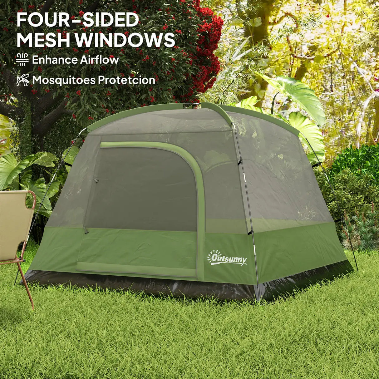 Outsunny 3-4 Person Camping Tent, Easy Set Up Waterproof Dome Tent with Sewn-in Groundsheet, Mesh Windows, Pocket and Hook for Camping, Hiking, Backpacking, Olive Green and Grey