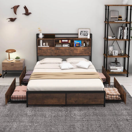 Queen/King Size Bed Frame with Bookcase Headboard and 4 Storage Drawers-Queen size