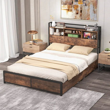 Queen/King Size Bed Frame with Bookcase Headboard and 4 Storage Drawers-Queen size