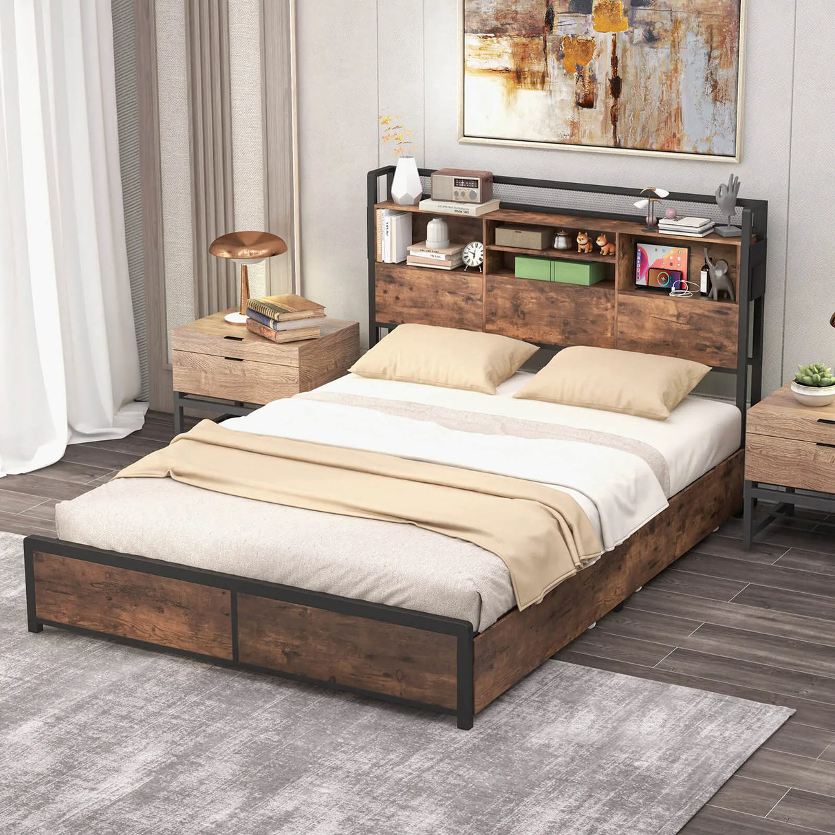 Queen/King Size Bed Frame with Bookcase Headboard and 4 Storage Drawers-Queen size