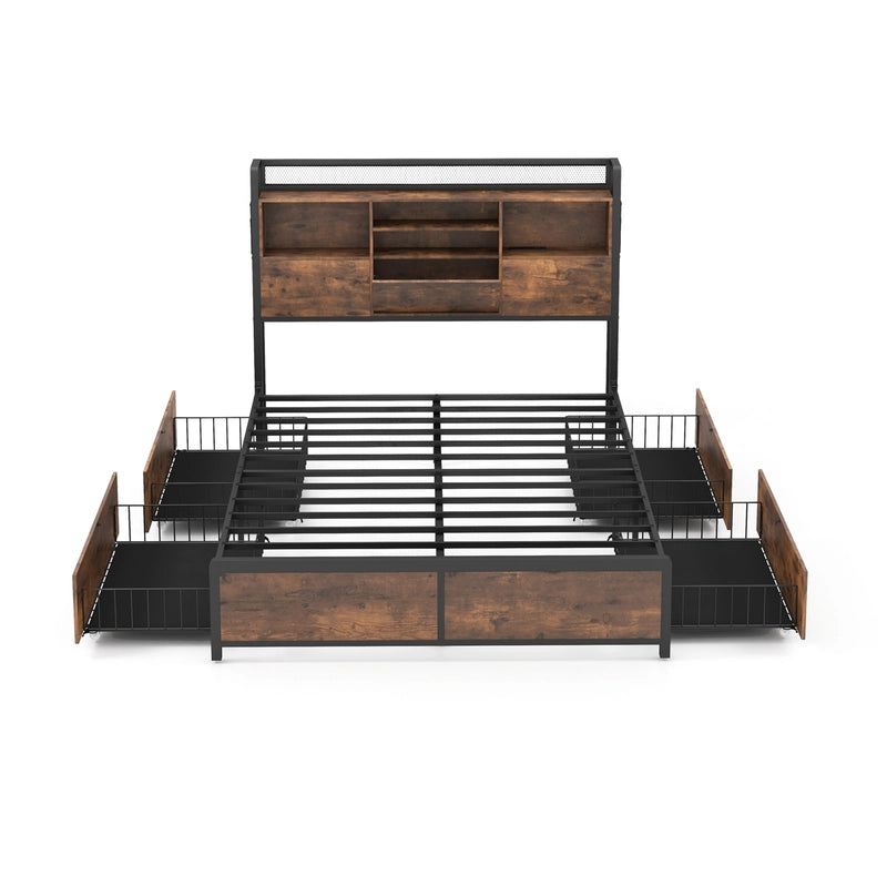 Queen/King Size Bed Frame with Bookcase Headboard and 4 Storage Drawers-Queen size