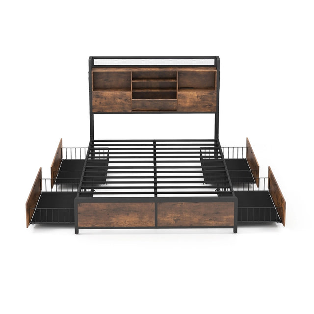 Queen/King Size Bed Frame with Bookcase Headboard and 4 Storage Drawers-Queen size