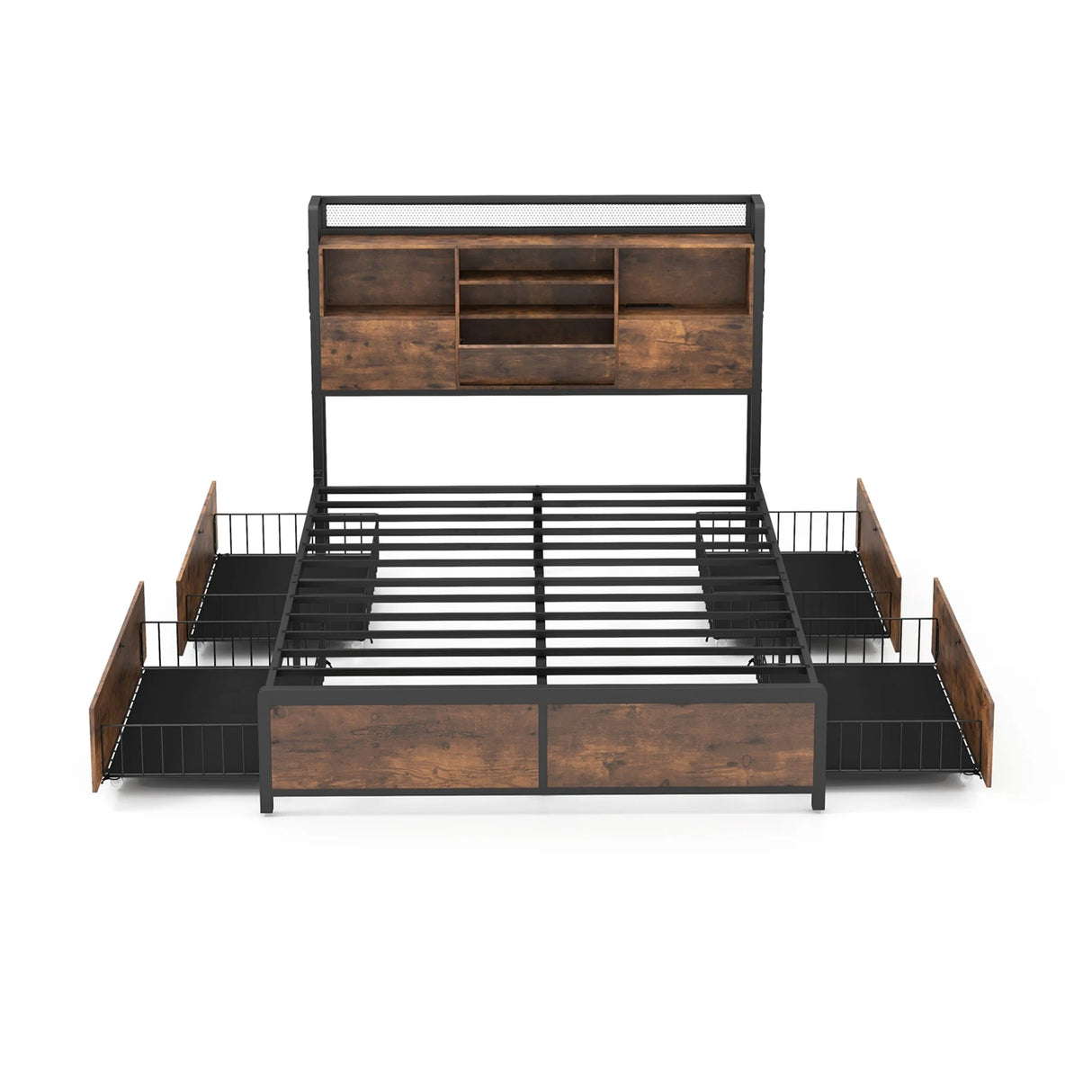 Queen/King Size Bed Frame with Bookcase Headboard and 4 Storage Drawers-Queen size