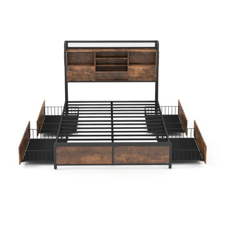 Queen/King Size Bed Frame with Bookcase Headboard and 4 Storage Drawers-Queen size