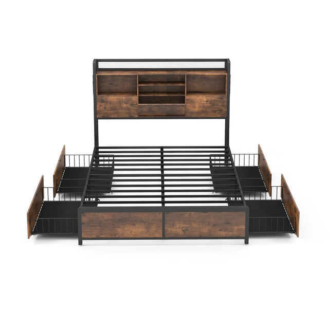 Queen/King Size Bed Frame with Bookcase Headboard and 4 Storage Drawers-Queen size