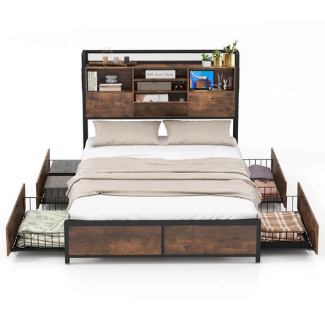 Queen/King Size Bed Frame with Bookcase Headboard and 4 Storage Drawers-Queen size