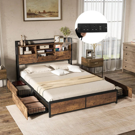 Queen/King Size Bed Frame with Bookcase Headboard and 4 Storage Drawers-Queen size