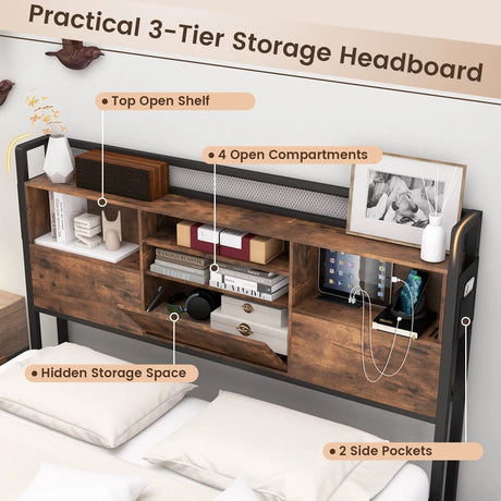 Queen/King Size Bed Frame with Bookcase Headboard and 4 Storage Drawers-Queen size