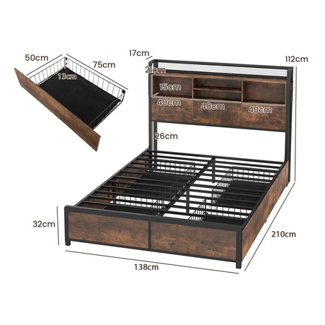Queen/King Size Bed Frame with Bookcase Headboard and 4 Storage Drawers-Queen size