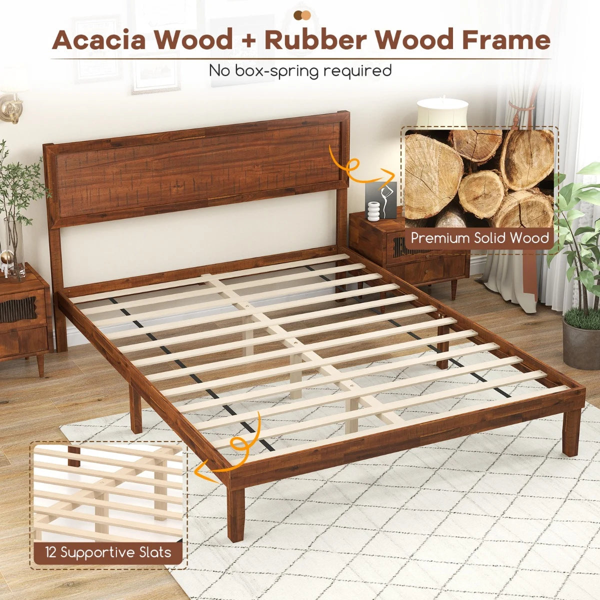 Single/King Size Bed Frame with Headboard and Slats Support-Queen size