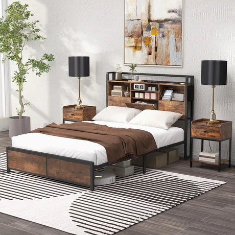 Queen/King Size Platform Bed with Bookcase Headboard and Charging Station-Queen size