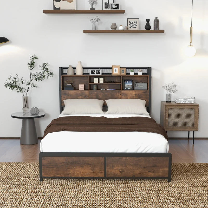 Queen/King Size Platform Bed with Bookcase Headboard and Charging Station-Queen size