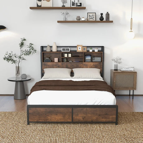 Queen/King Size Platform Bed with Bookcase Headboard and Charging Station-Queen size