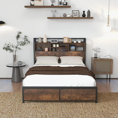 Queen/King Size Platform Bed with Bookcase Headboard and Charging Station-Queen size