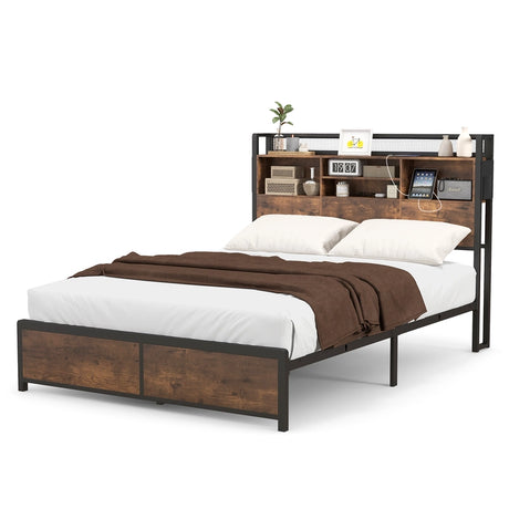 Queen/King Size Platform Bed with Bookcase Headboard and Charging Station-Queen size