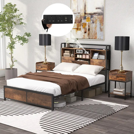 Queen/King Size Platform Bed with Bookcase Headboard and Charging Station-Queen size
