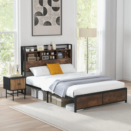 Queen/King Size Platform Bed with Bookcase Headboard and Charging Station-Queen size