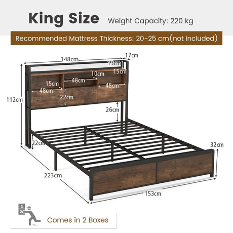 Queen/King Size Platform Bed with Bookcase Headboard and Charging Station-King Size