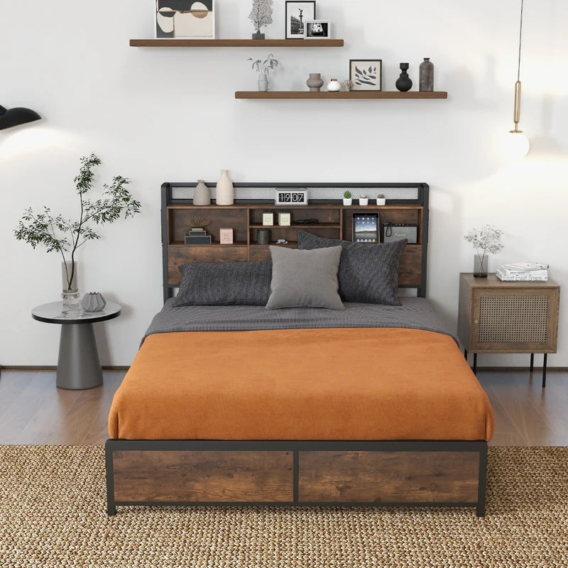 Queen/King Size Platform Bed with Bookcase Headboard and Charging Station-King Size