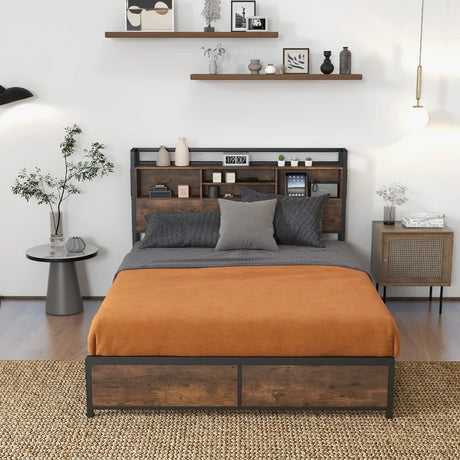 Queen/King Size Platform Bed with Bookcase Headboard and Charging Station-King Size