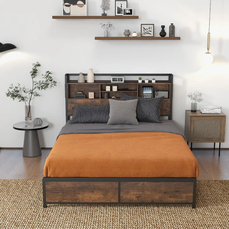 Queen/King Size Platform Bed with Bookcase Headboard and Charging Station-King Size