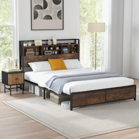 Queen/King Size Platform Bed with Bookcase Headboard and Charging Station-King Size