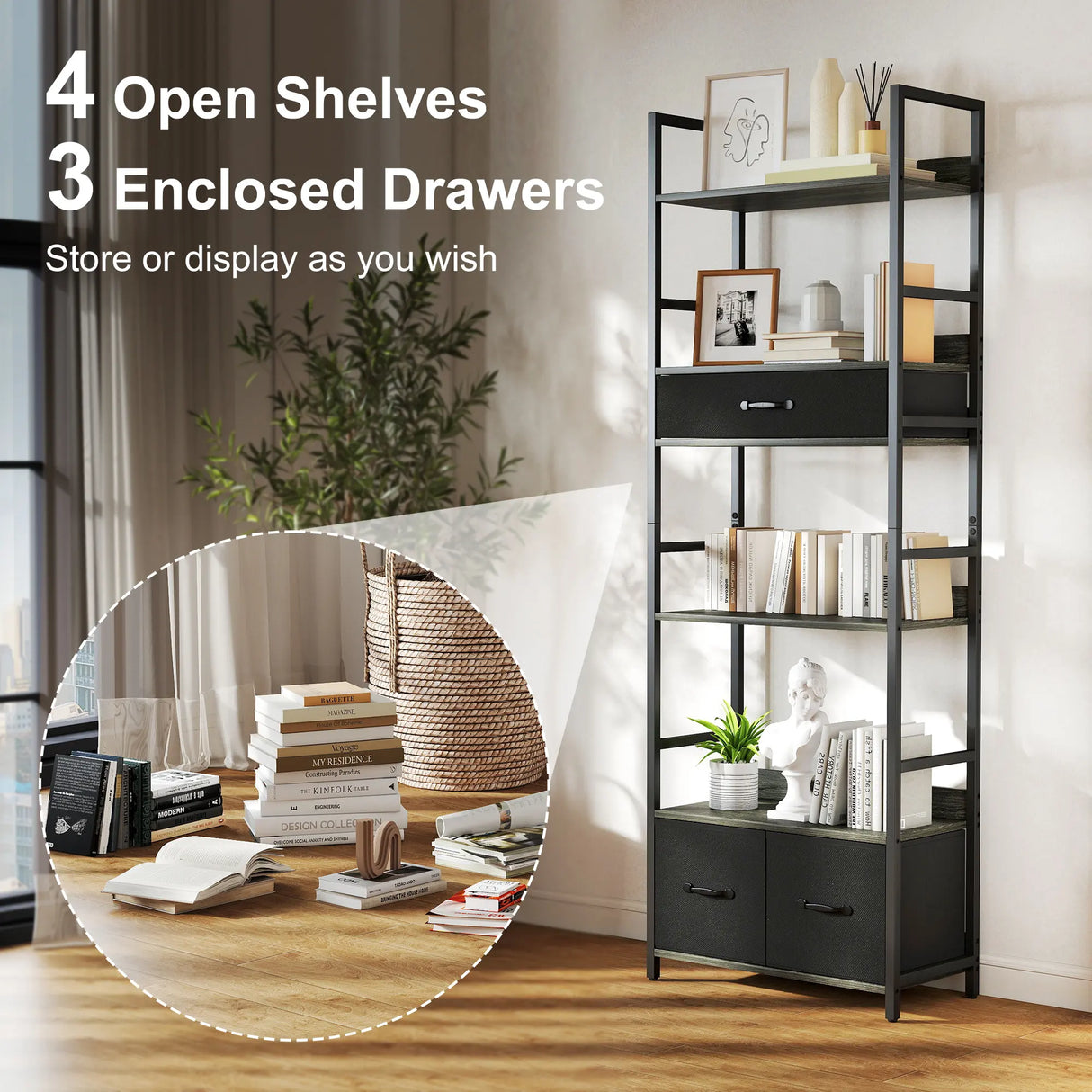 HOMCOM Industrial Bookcase, 6-Tier Tall Bookshelf with 3 Fabric Drawers - Grey