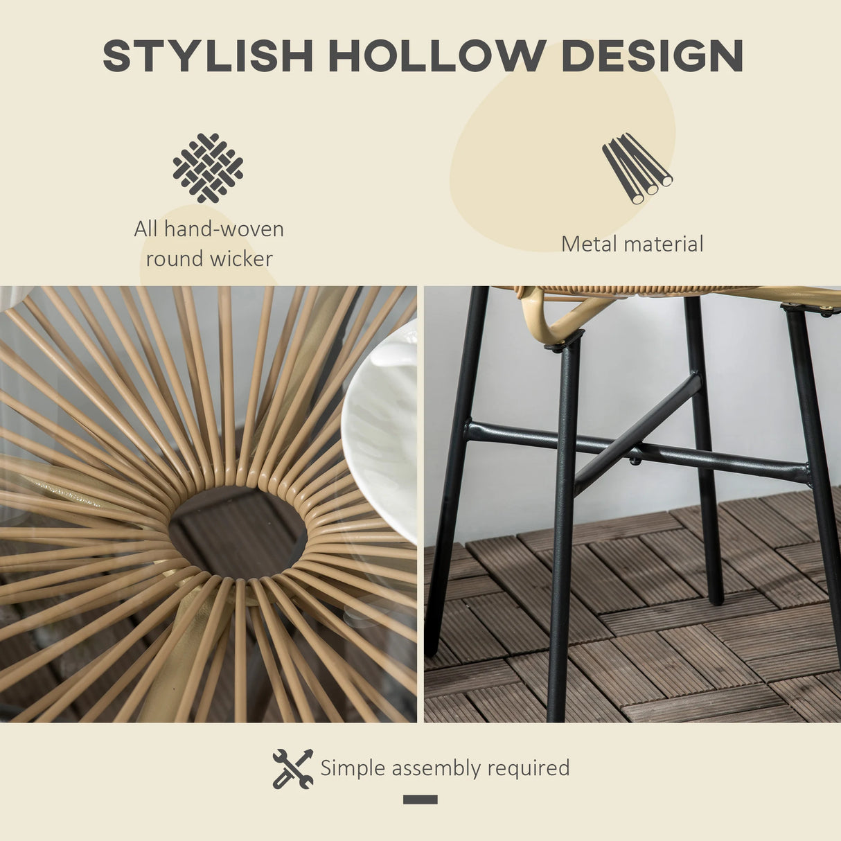 Outsunny Rattan Side Table, Round Outdoor Coffee Table, with Round PE Rattan and Tempered Glass Tabletop for Patio, Garden, Balcony, Beige