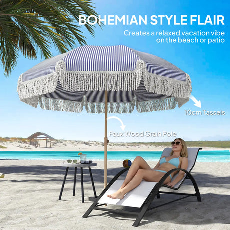 Outsunny 1.7 m Beach Umbrella with Sand Anchor, 30 Tilting Fringed Beach Garden Parasol with Adjustable Height, Blue