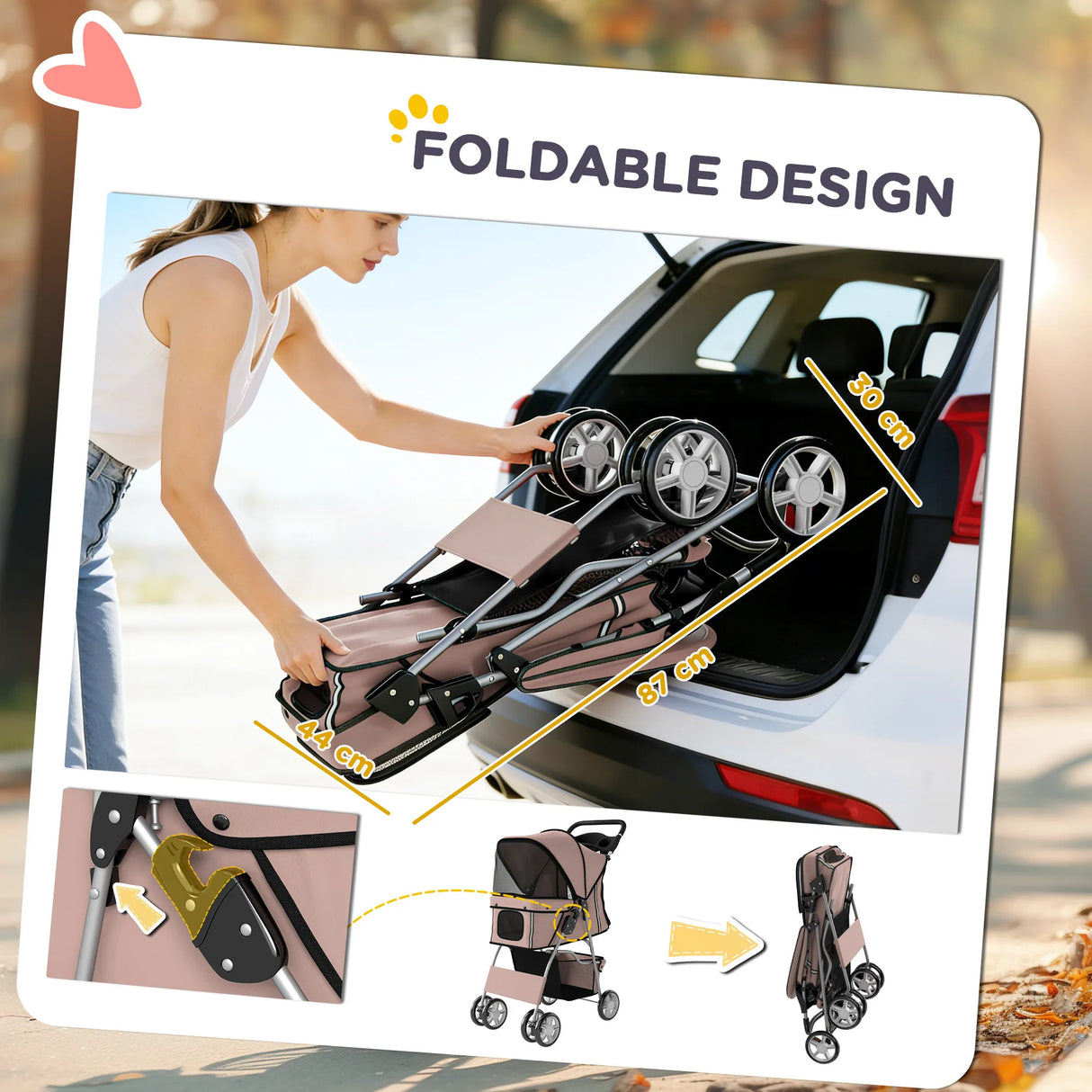 PawHut Dog Pram, Pet Stroller with Reflective Strips, Foldable Cat Stroller with 360 Swivel Wheels, Brown