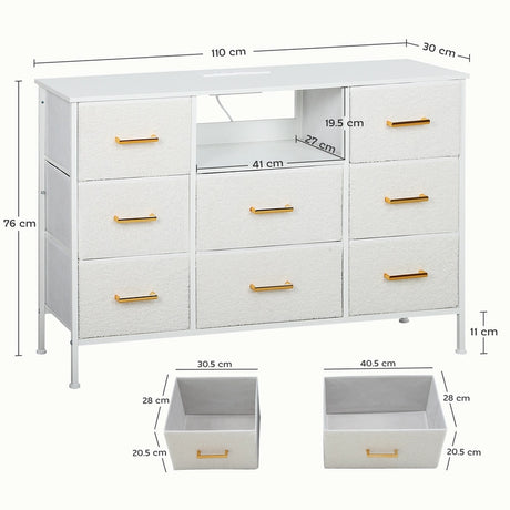 HOMCOM Boucle Chest of Drawers, 8 Fabric Drawers Storage Organiser with Charging Station, 2 USB and 2 AC Ports, Steel Frame, Fabric Dresser for Living Room, Bedroom, Hallway, Cream White