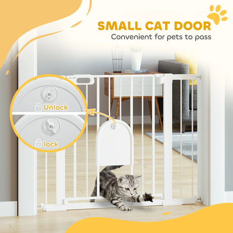 PawHut Dog Gate with Cat Flap Pet Safety Gate Barrier, Stair Pressure Fit, Auto Close, Double Locking, for Doorways, Hallways, 75-103 cm White