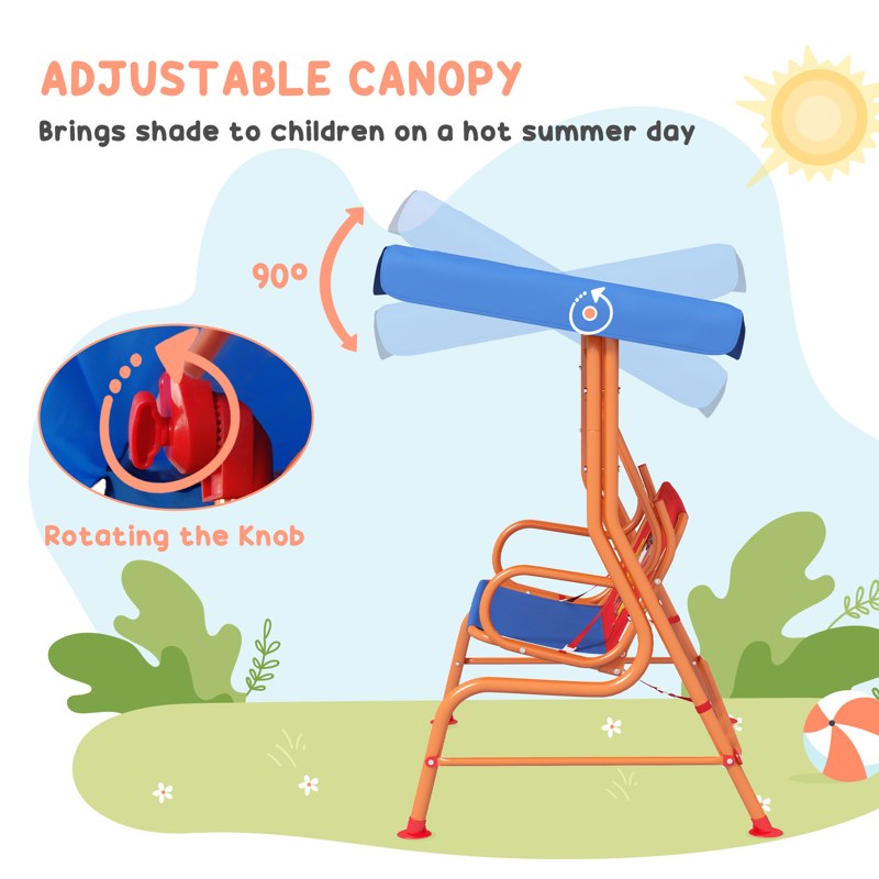 Outsunny 4 Piece Kids Garden Furniture Set with Adjustable Canopy, Cowboy Themed, Kids Garden Table and Chair Set and Double Seat Swing Chair for Patio Park Porch, for Ages 3-6 Years - Red and Blue