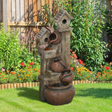 Outsunny 2-in-1 Waterfall Fountain with Birdhouse, Resin Garden Water Fountain with LED Lights Pump, Cascading Garden Water Feature with Tree Trunk Design, Multi-colour