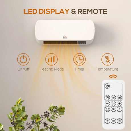 HOMCOM 2000W Wall Mounted Ceramic Space Heater, 10-49C Temperature, White