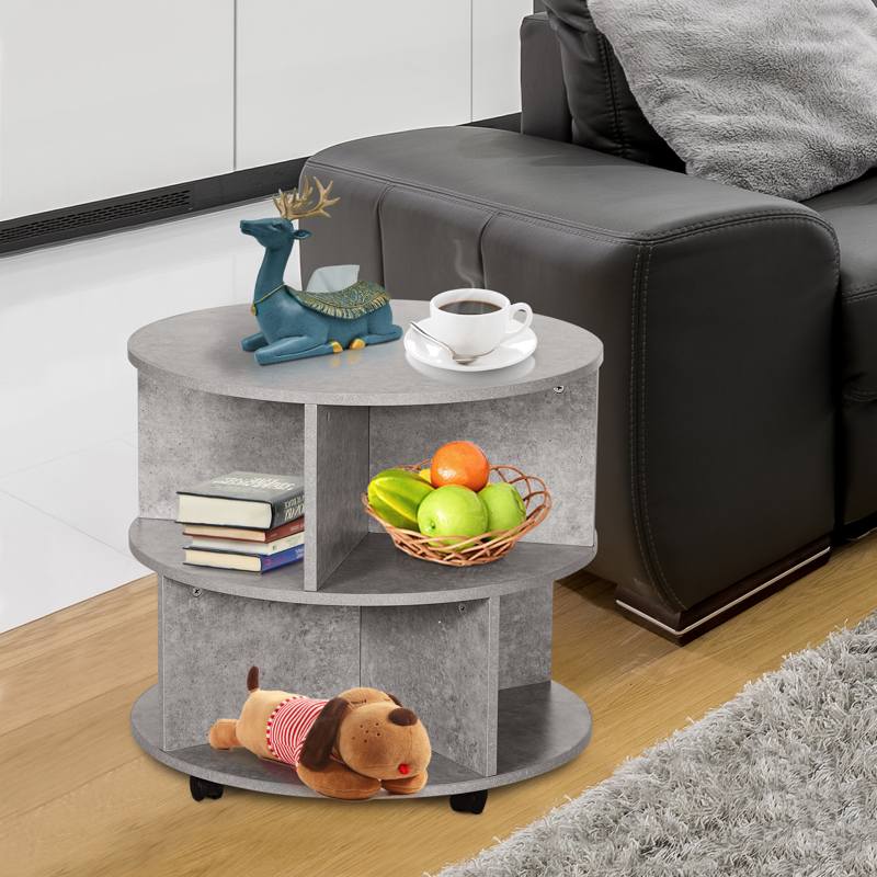 HOMCOM Round Coffee Table with Wheels, 3-Tier Rolling Side Table for Living Room with Divided Shelves, Cement Colour