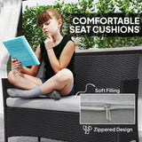 Outsunny 4 Piece Rattan Garden Furniture Sofa Set with Loveseat, Armchairs, Glass-Top Coffee Table and Cushions, Black