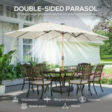 Outsunny Double Sided Garden Parasol with Base Included & 48 Solar LED Lights Patio Umbrella Crank Handle 4.6m Cream White