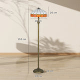 HOMCOM Tiffany-Style Floor Lamp with Handcrafted Stained Glass Shade, 152cm Tall Vintage Standing Lamp with Foot Switch and Dual Sockets for Living Room Bedroom, Bronze Tone and Orange